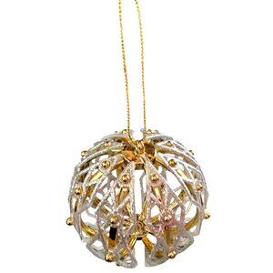 Gold & Silver Glittered Ornament Ball With Diamond Cut Pattern & Gold Beaded Acc
